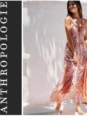 Nwt 3x Anthropologie Coral Pink Paisley Spaghetti-Strap Maxi Dress